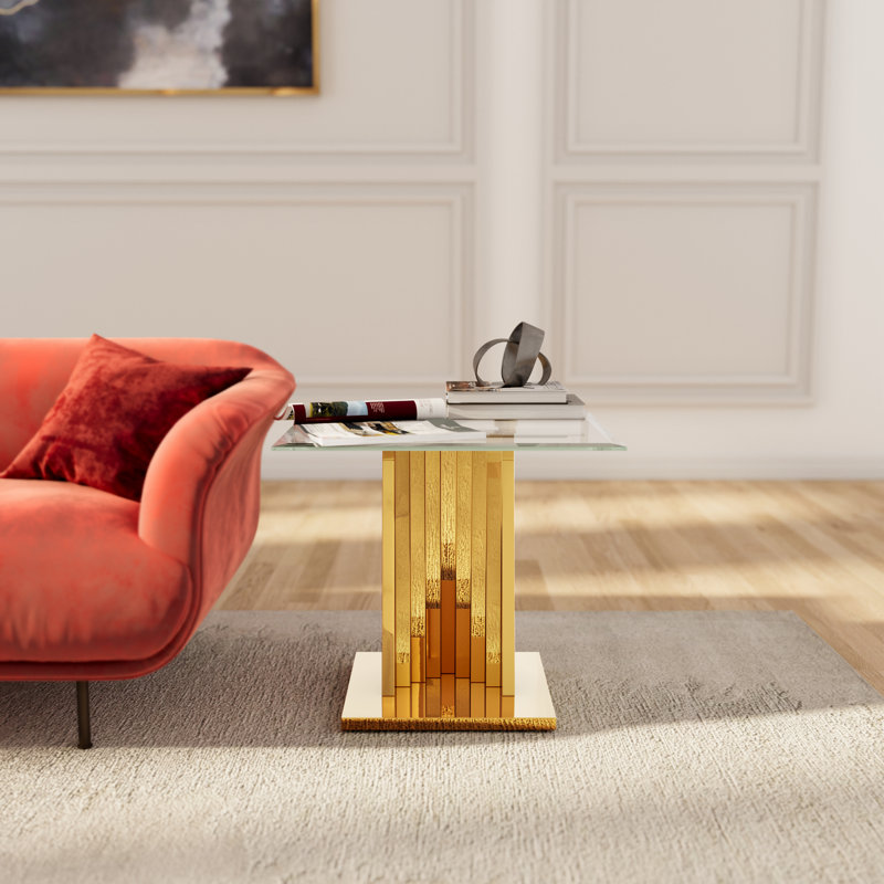 Clear Glass End Table Set Couch Side Table With Gold Geometric Base Set Of 2