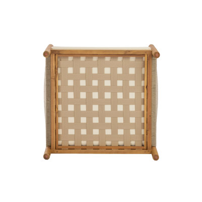 Fauteuil club d'extérieur avec structure en bois d'acacia d'aspect teck, panneaux de corde beige et coussins crème