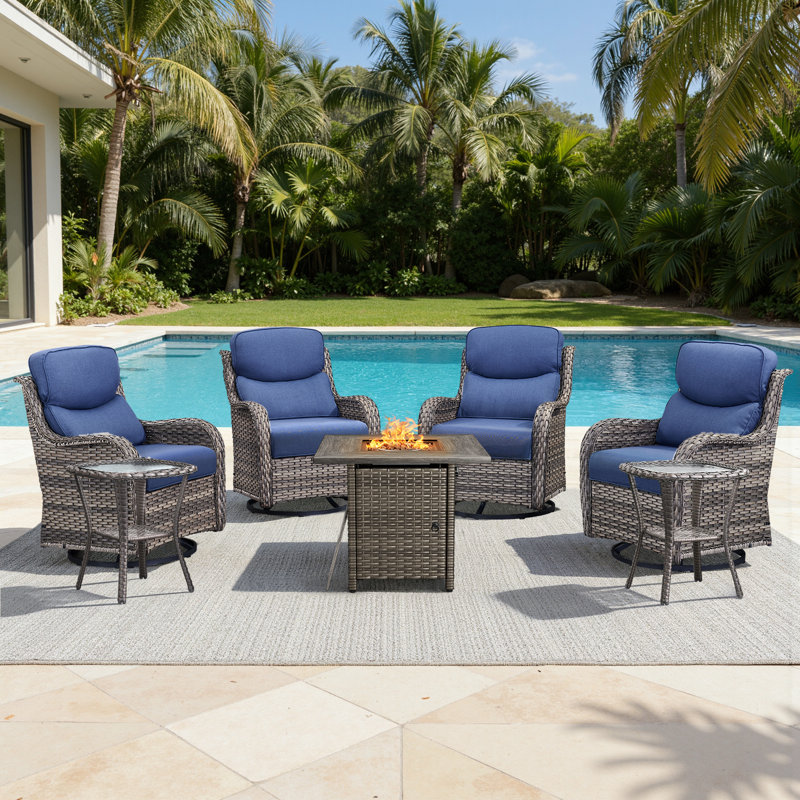 Ensemble de sièges d'extérieur en osier pour 4 personnes avec chaises pivotantes et table d'appoint, Gris, Bleu