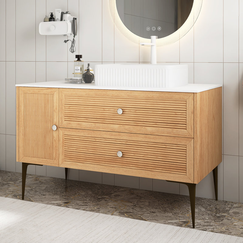 Meuble-lavabo de salle de bain autoportant en contreplaqué pré-assemblé avec lavabo rectangulaire en céramique blanc avec plateau en grain de bois de chêne