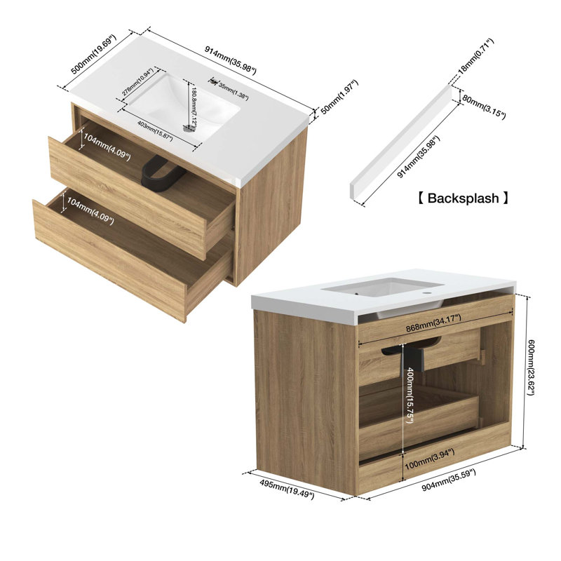 Armoire de meuble-lavabo mural avec lavabo, Bois naturel, 36"