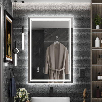 LED Bathroom Mirror With Front Light And Backlit, Dimmable Anti-Fog Wall Mirror, Waterproof Vanity Mirror With Shatterproof Tempered Glass, Crigreater Than 90 For Clear Reflection