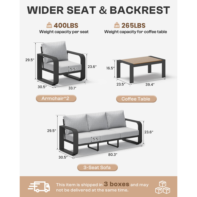 4PCS Outdoor Conversation Set, Light Gray Cushion/Black Frame