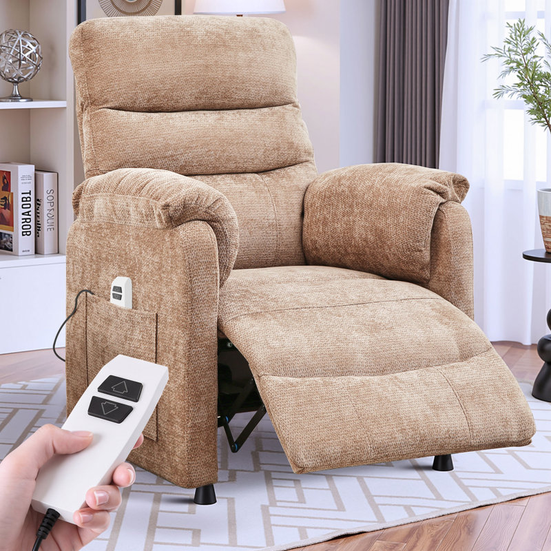 34" Chenille Power Recliner Chair with Side Pockets, Stepless Remote Control, Small Space Electric Recliner, 350 lb Capacity