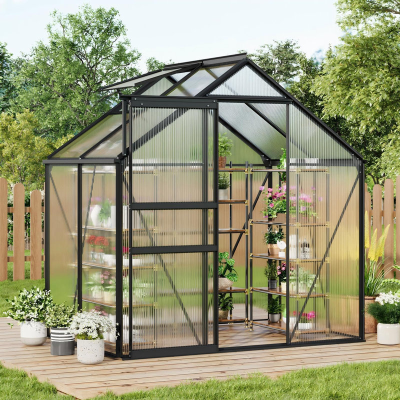 6x4 FT Polycarbonate Greenhouse, Sturdy Aluminum Frame with Adjustable Roof Vent & Lockable Door, Walk-In Grow House for Garden, Patio or Backyard - Textured Black