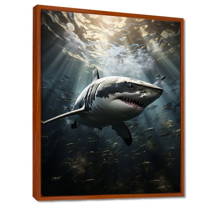 Grey Shark The Majesty - Marine Animals Large Wall Art, 40" H x 30" W x 1.5" D, Brown Floater Framed