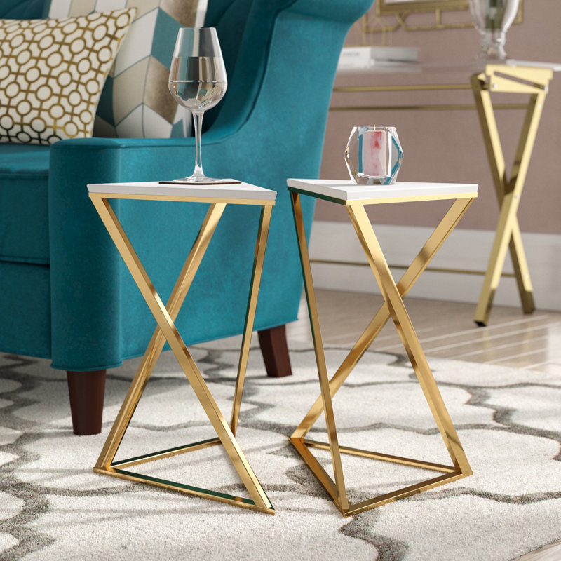 Kierstyn Metal Gold Side End Accent Table with Marble Top Set