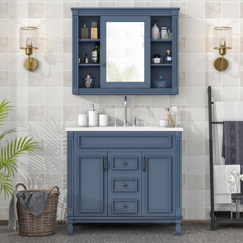 Ensemble de meuble-lavabo simple 35,9 po avec lavabo en céramique et armoire de rangement Wimbley , Bleu
