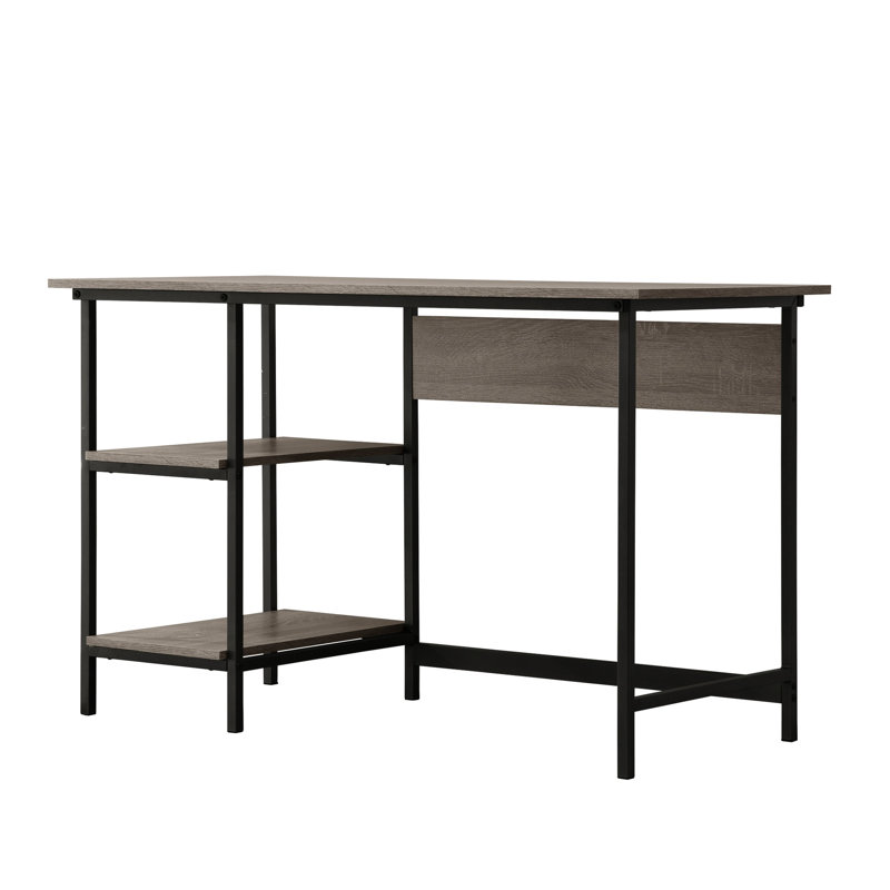 Bureau gris avec 2 tablettes et gracieux en métal, touches de rangement peu encombrantes, solution