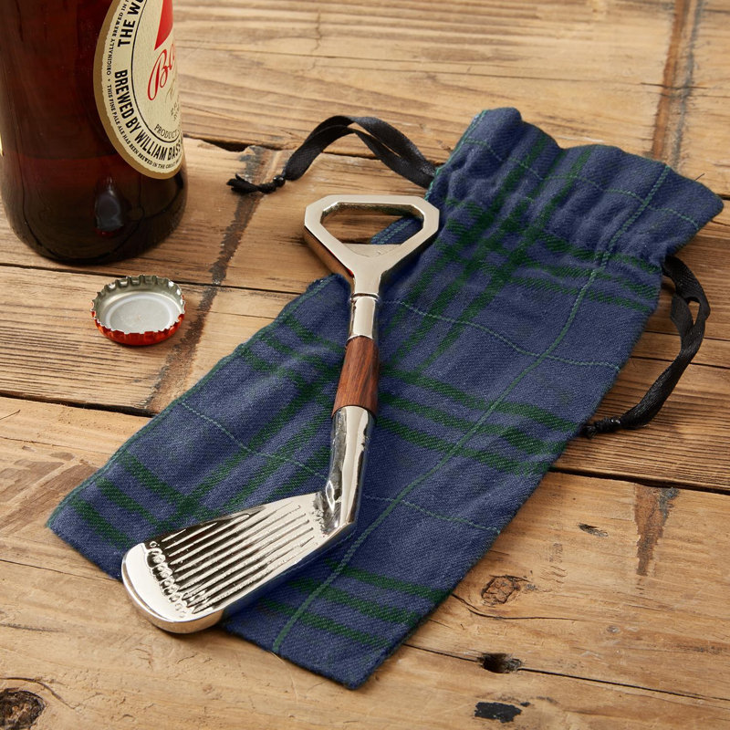Ouvre-bouteille de club de golf avec pochette cadeau à carreaux, laiton et bois de manguier, H 7,5 po