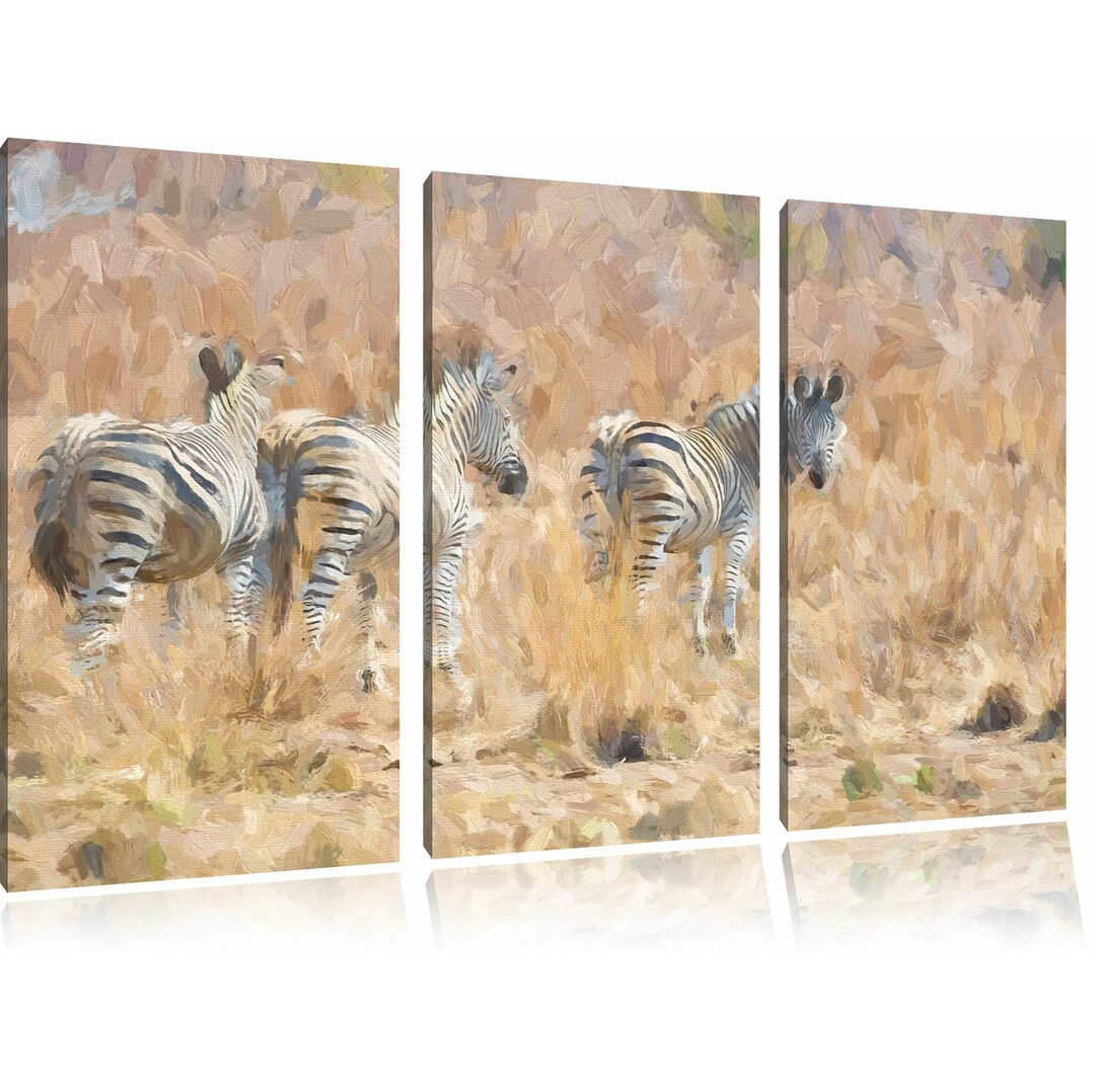 3-tlg. Leinwandbilder-Set „Zebraherde im Wildgras“, Kunstdruck