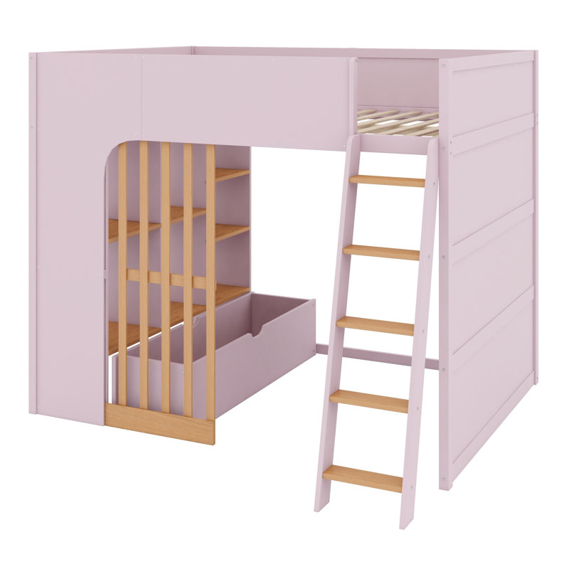 Lit mezzanine peu encombrant, conception pour lit double avec échelle et tablettes de rangement, Lit double