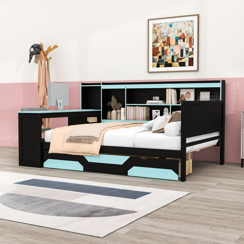 Lit de jour avec espace de travail intégré, alimentation intégrée et éclairage personnalisable, Lit double, Noir / Bleu