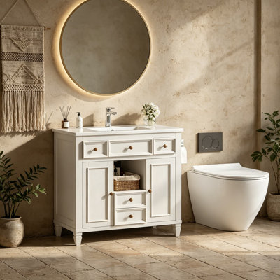 Meuble-lavabo de 36 pouces avec lavabo en céramique, 4 tiroirs et tablettes réglables, pieds en bois massif, meuble-lavabo simple blanc avec beaucoup de rangement
