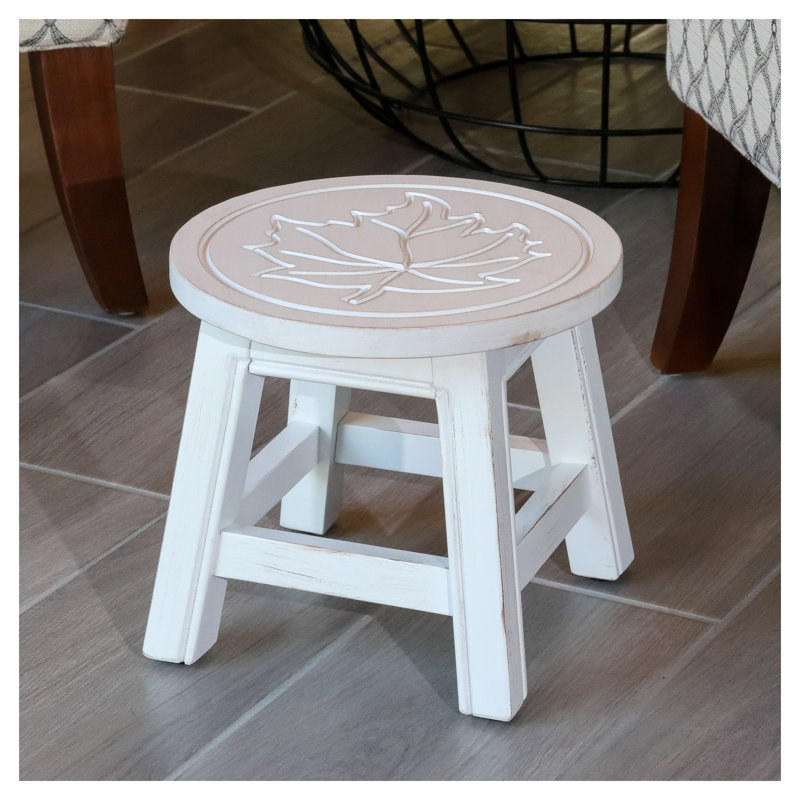 Escabeau en bois sculpté avec motif feuille d'érable - Tabouret décoratif décoratif en bois d'hévéa blanc antique, Blanc
