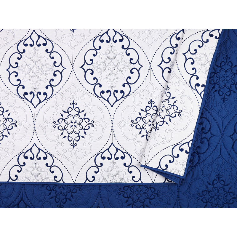 Navy and White Cotton Reversible Full Quilt Set