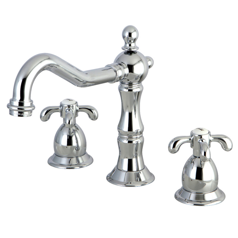 Kingston Brass French Country Two-Handle 3-Hole Deck Mount Widespread Bathroom Faucet with Brass Pop-Up Drain
