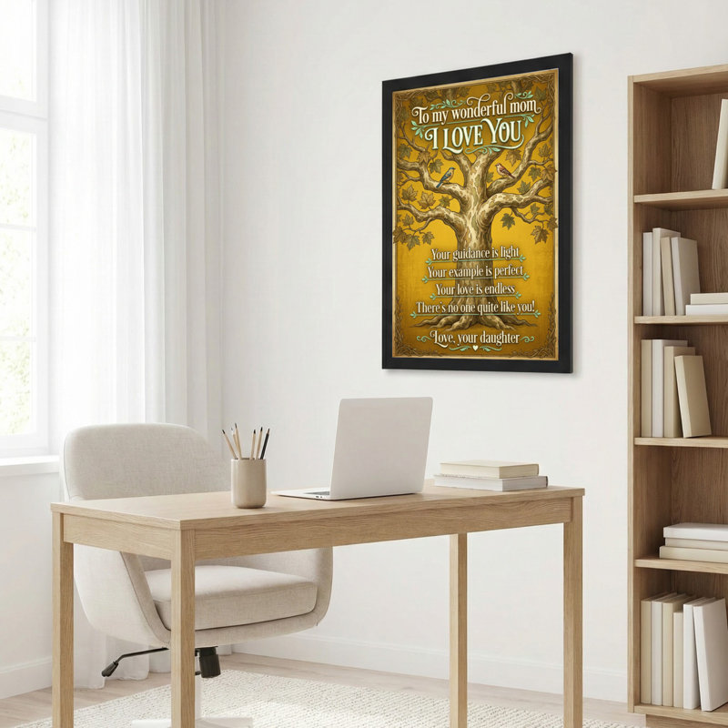 Tableau sur toile tendue représentant un arbre et des oiseaux avec un message d'amour, cadeau idéal pour la fête des Mères et décoration intérieure.