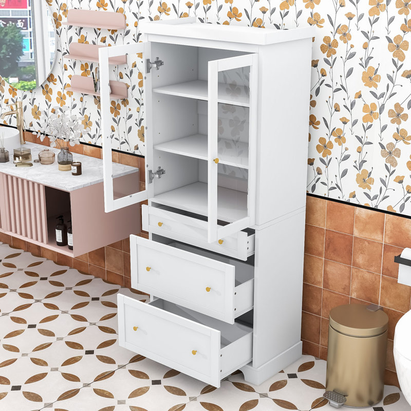Armoire de rangement autoportante pour salle de bain avec portes en verre, tablettes réglables et conception anti-basculement