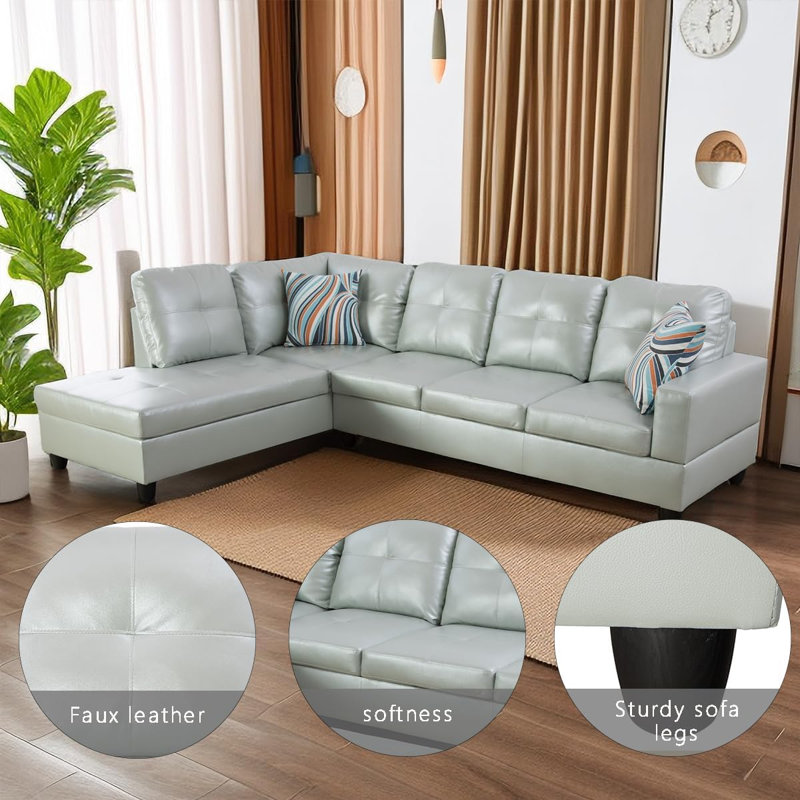 Bawan Faux Leather L-Shaped Sectional, Left Hand Facing, Silver/Green Faux Leather