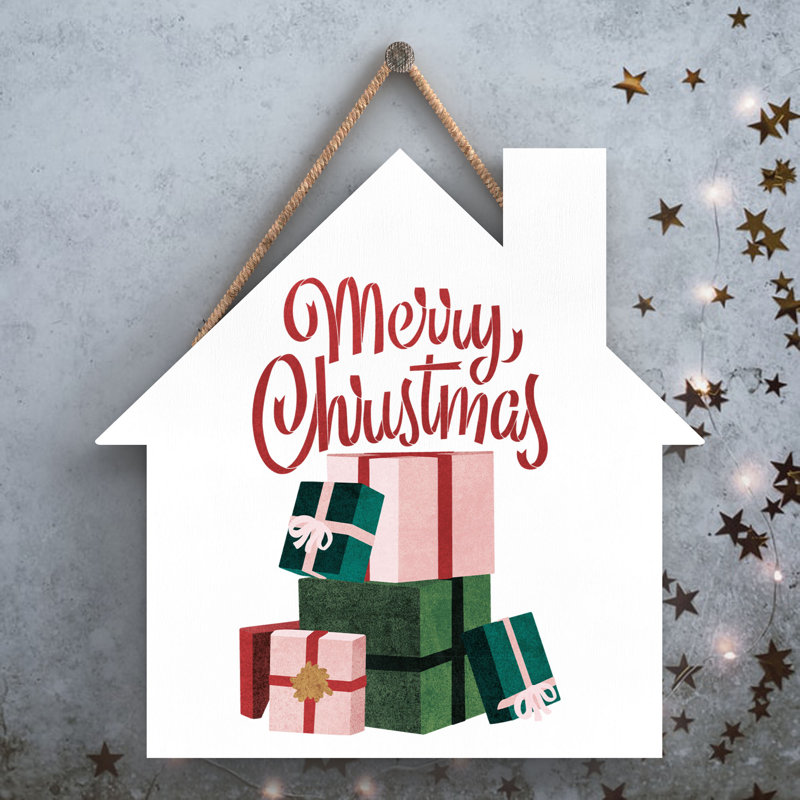 Xmas Merry Christmas Wooden House Plaque, 9.9cm H x 9.9cm W x 0.5cm D