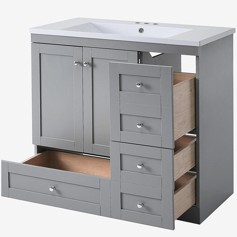 Armoire de salle de bain indépendante de style minimaliste de 36 pouces avec lavabo, 4 tiroirs à fermeture en douceur et 2 portes à fermeture en douceur