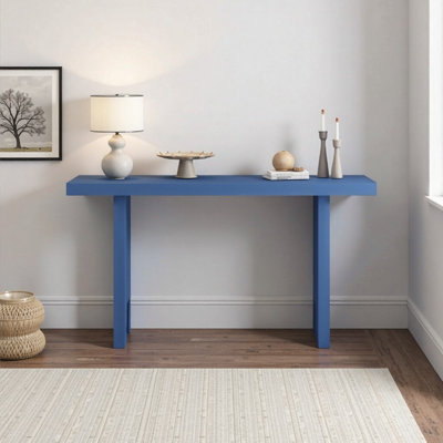 Console en placage de chêne bleu marine avec art sculpté pour le vestibule, le couloir et le salon