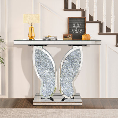 Console d'entrée en miroir avec incrustation de diamant concassé, table de couloir en verre argenté de 39,37 po pour le vestibule, tables décoratives Glam Butterfly pour le salon