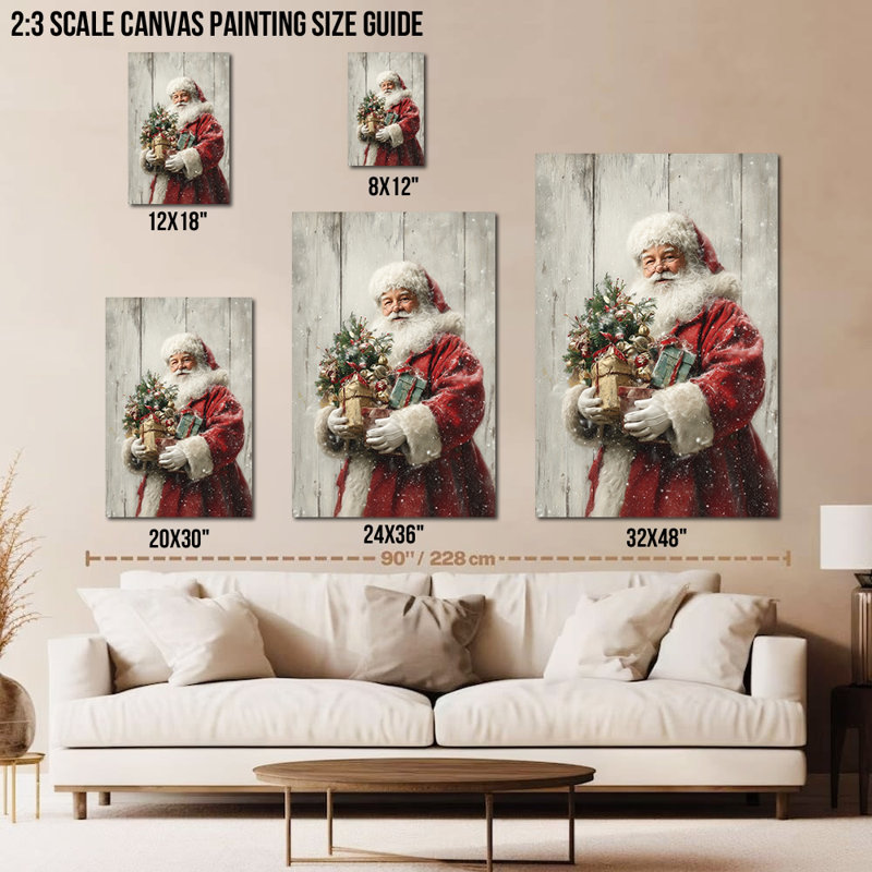 Art mural de Noël encadré - décoration murale de père Noël, impressions de Noël rétro, œuvre d'art festive pour le mur du salon et de la chambre à coucher, peinture de Noël enveloppée, cadre en pin, 18 po x 24 po