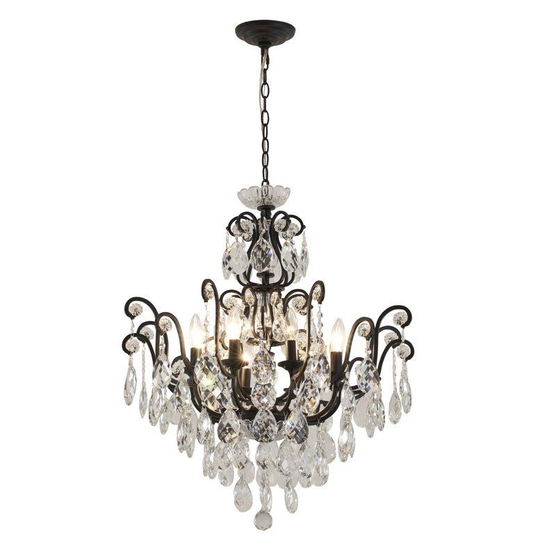 Traditional 8 Light Matt Black Iron Crystal Chandelier