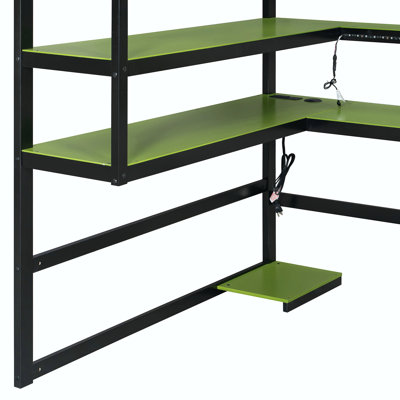 Lit mezzanine double en bois avec bureau, support de rangement latéral, tablettes multiples et lumière RVB