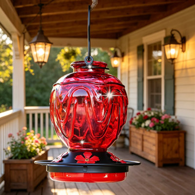 Mangeoire à colibri en verre pour l'extérieur avec perchoir, capacité de 24 onces, 5 ports d'alimentation pour fleurs, base étanche et crochet de suspension pour la cour arrière