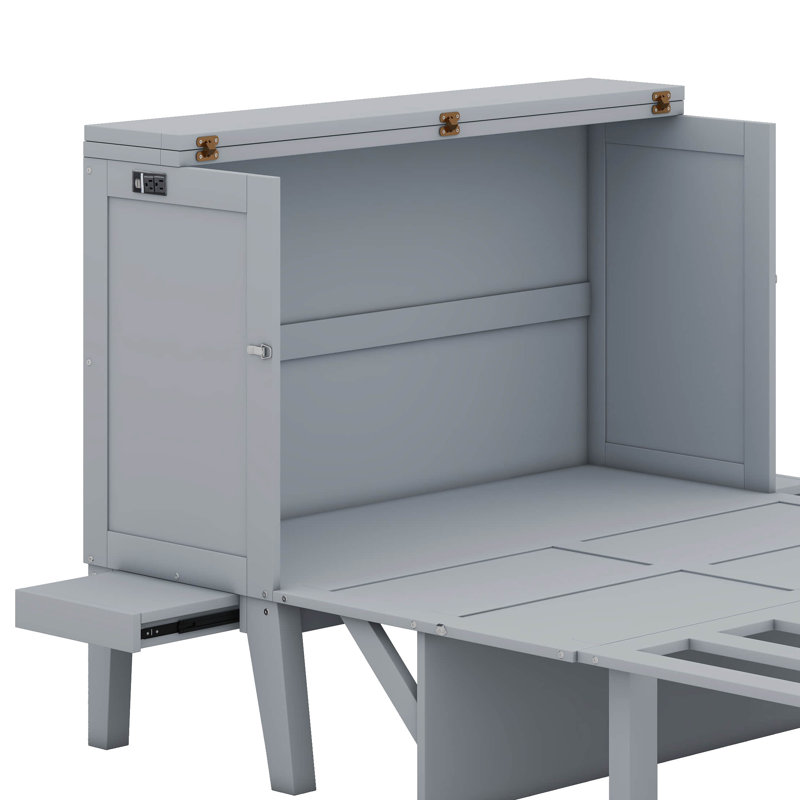 Lit escamotable avec port USB et tablettes amovibles, Double, gris