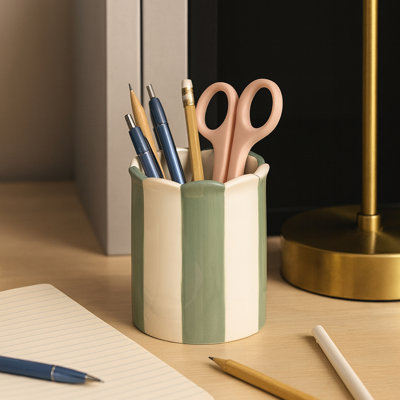 Decorative Ceramic Striped Desk Organizer With Scallop Edge - Cute Desk Accessory Storage In Bedroom, Kitchen, Or Bathroom - 4", Green & Ivory