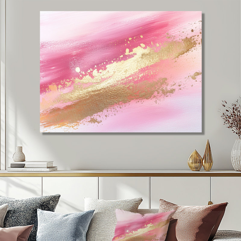 «Blush and Gold Brushstroke Elegance», art mural abstrait en métal, impression moderne sur métal, L 40 po x H 30 po
