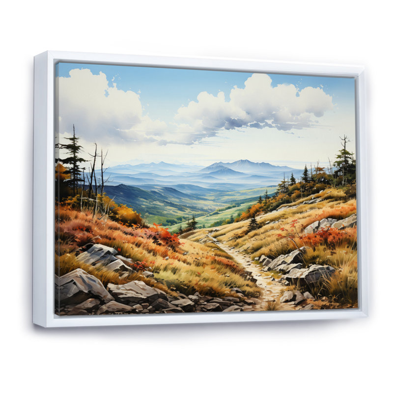 «Beige Blue Mountains Vista Vista», impression d'art mural, H 12 po x l 20 po x P 1 po, Cadre flottant blanc