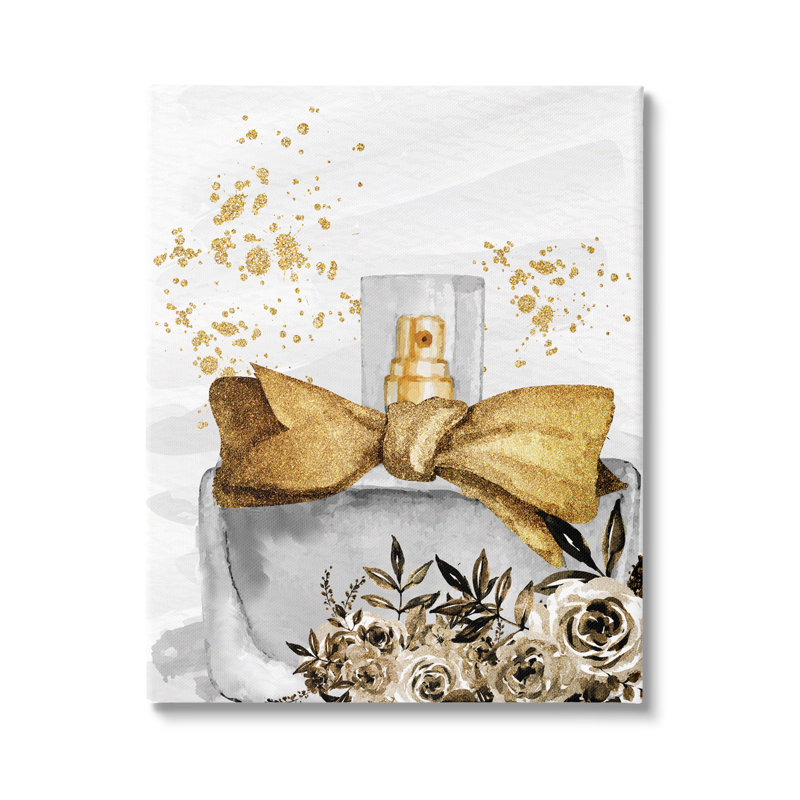 Glamorous Gold and Gray Floral Perfume Canvas Wall Art