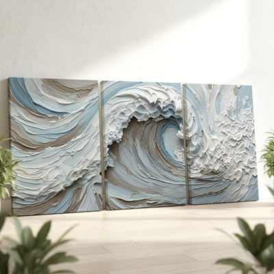3 Pieces Abstract Ocean Wave Textured Large Wall Art for Modern Decor, Three Pieces Wall Art for Living Room, Bedroom, and Office Decor, Ready to Hang