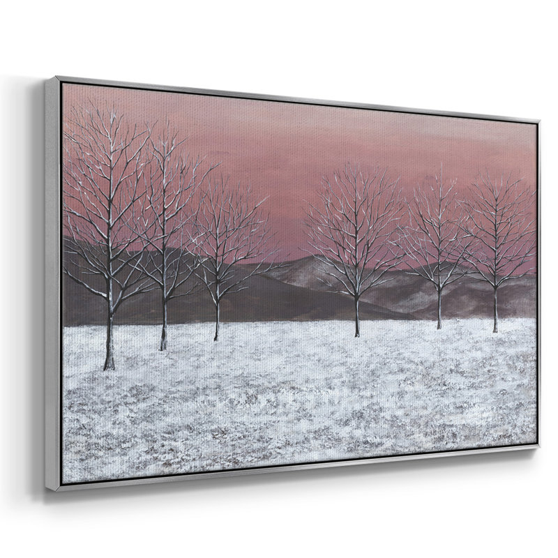 «Sunset Snowfall I», peinture sur toile encadrée, H 27 po x l 41 po x P 2 po, Encadrement argenté