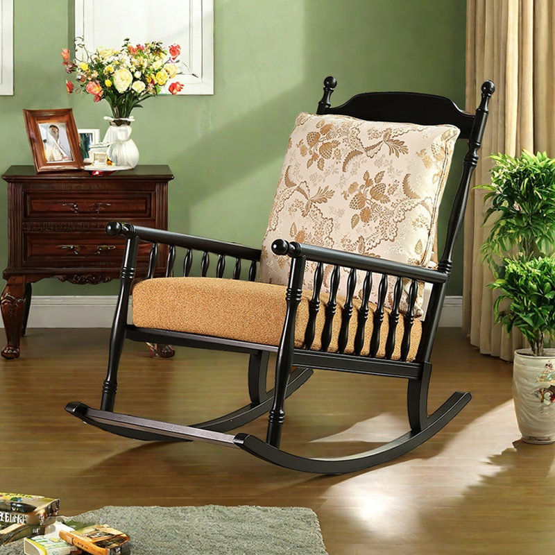 Chaise berçante à haut dossier en bois massif Retro balcon, Beige, jaune, Noir