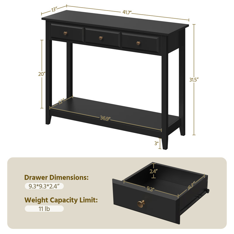 Aarika 42″ L × 13.5″ W × 31.5″ H 3-Drawer Console Table, Black