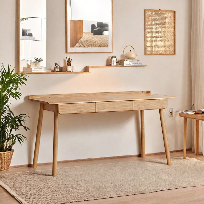 Bureau d'écriture avec tiroir en bois de frêne naturel brun clair, H 30,7 po x l 62,99 po x P 27,55 po