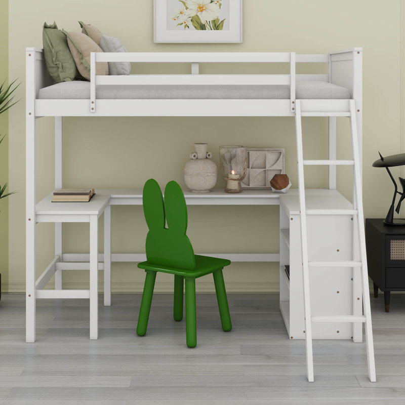 Lit mezzanine simple avec bureau et tablettes, cadre de lit mezzanine en bois pour enfants, adolescents, adultes