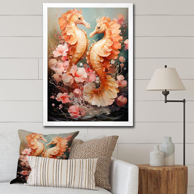 Animal corail hippocampe goutte d'eau - Décoration murale animaux, H 32 po x l 24 po x P 1 po, Cadre simple blanc