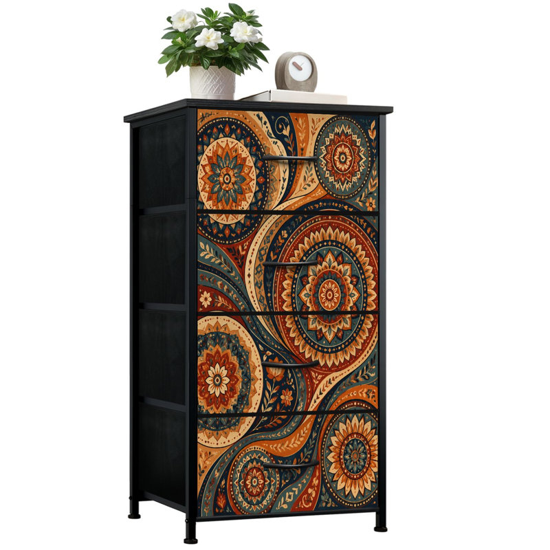 Commode de rangement verticale 4 tiroirs Mandala bohémien rétro Motifs géométriques floraux Terre chaude avec tiroirs en bois