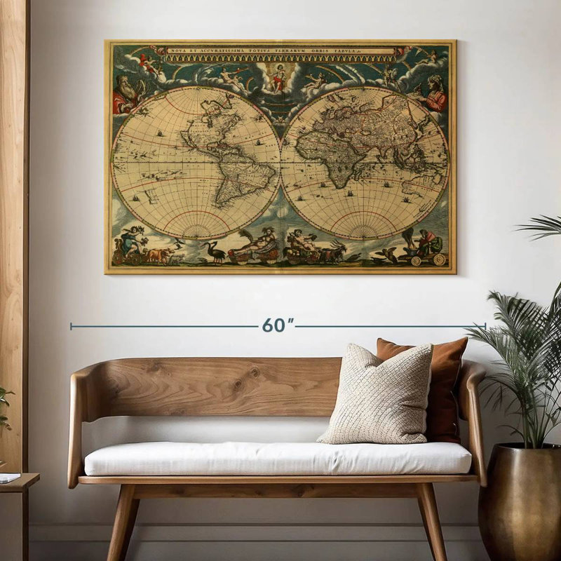 Carte du monde Aliaz des années 1600, H 34 po x l 51 po