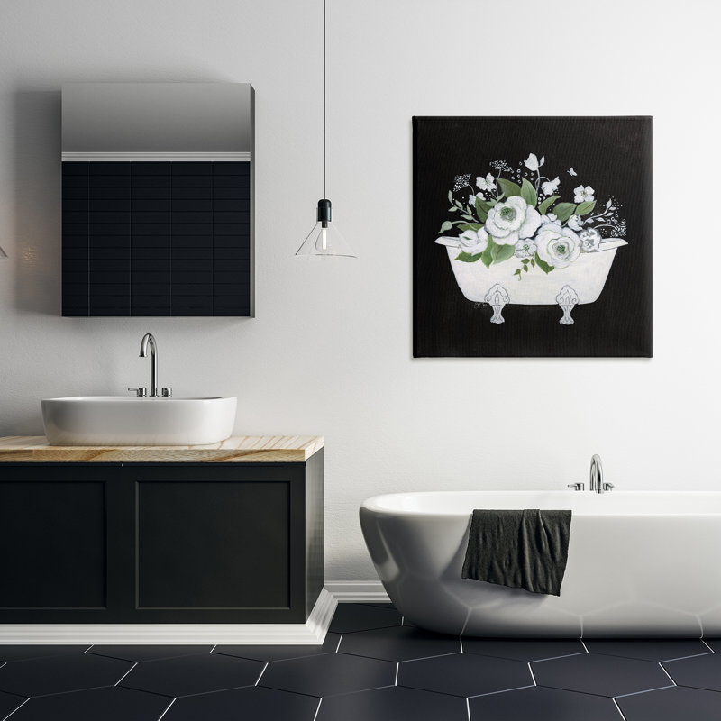 Art mural blanc et noir sur toile de bain par Janet Tava, H 30 po x l 30 po