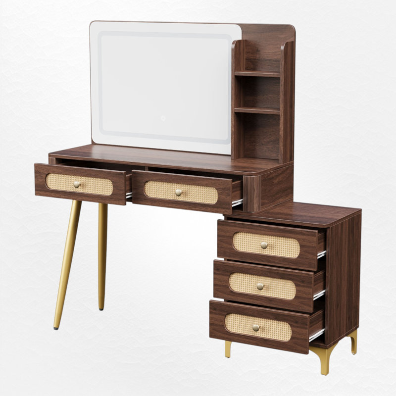 Meuble-lavabo vintage 47 po avec miroir à DEL, 5 tiroirs de rangement et luminosité réglable, noyer foncé, Noyer foncé