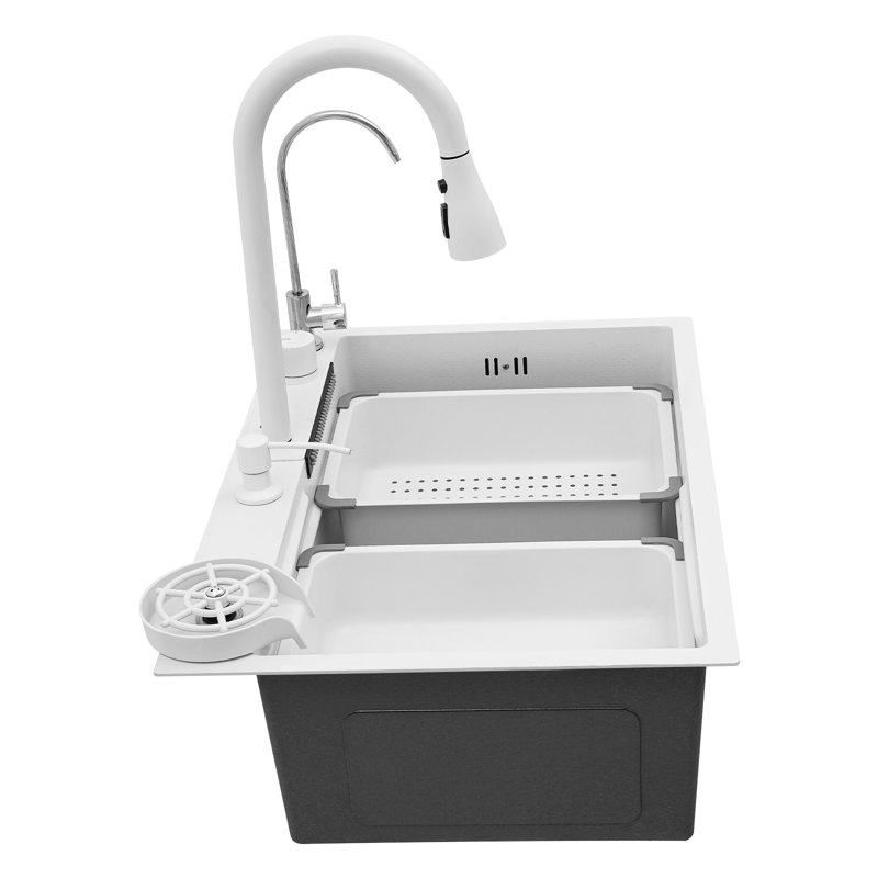 Oukaning Modern Rectangular Kitchen Sink with Single Bowl and Faucet, Gold