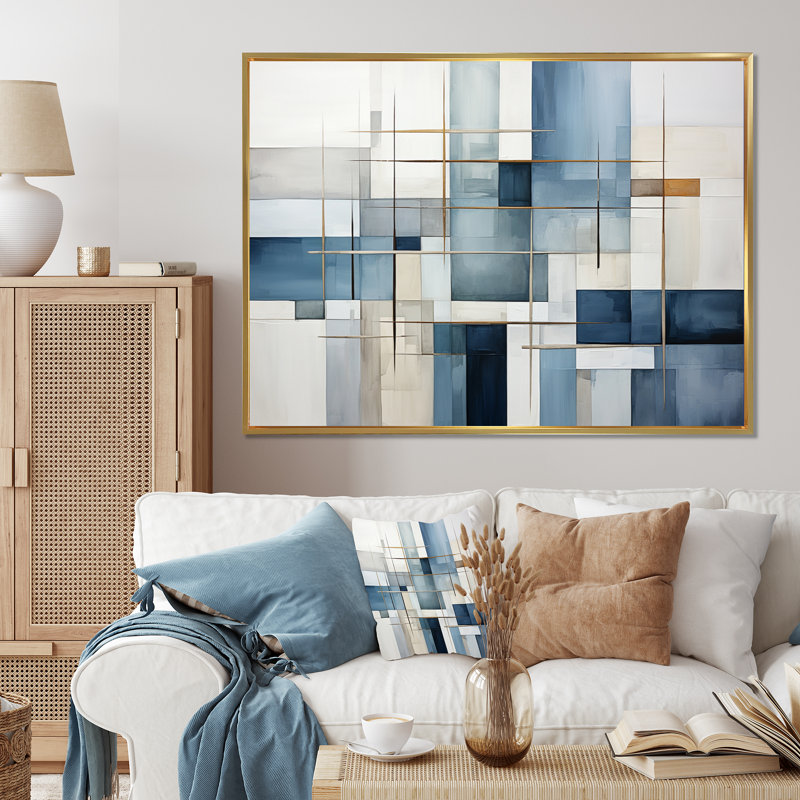 Jakier Blue Grey Line Art Abstract Geometrics I On Canvas Print, H 34 po x l 44 po x P 1,5 po, Cadre flottant doré